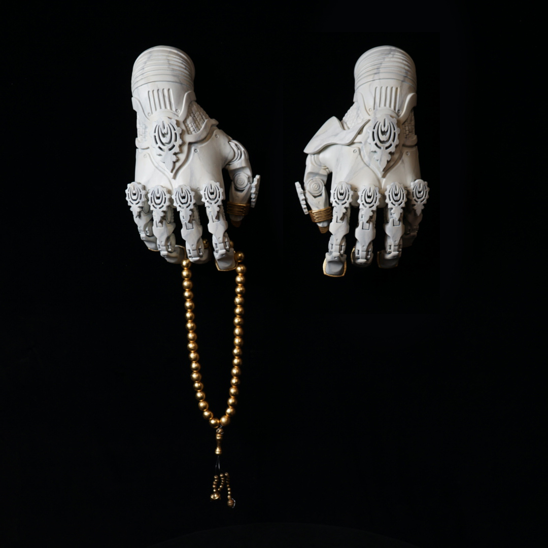 Anthropomorphic Neo-Generative Energy Living Systems, A.N.G.E.L.S. In Prayer 2019. Vibrachrome Print on Aluminum 36” x 48” Edition of 3 The power that fueled The Vessel was created by robotic entities called Anthropomorphic Neo-Generative Energy Living Systems or A.N.G.E.L.S. Their sole purpose was to pray, thus creating energy that fed directly into the Will Engine. The power of a pure-intentioned prayer by an A.N.G.E.L.S. was estimated to be able to provide the electricity of a household for a lifetime. Collaboration with Adam Rodgers